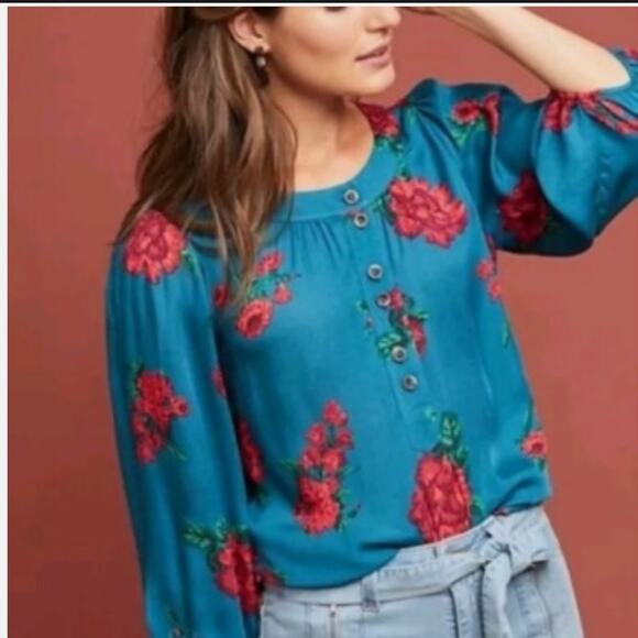 Mauve Anthropologie Kalas Teal Floral Henley - Picture 1 of 7